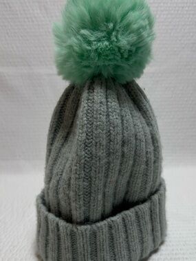 Athleta Grey Knit Beanie with Mint Pom Pom